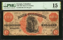 Georgia

Columbus, Georgia. Bank of Columbus. 1859 $100. PMG Choice Fine 15.

(GA105 G70b) Jan. 1, 1859. Bald, Cousland & Co. Philadelphia. Hunter...