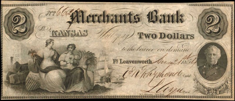 Kansas

Fort Leavenworth, Kansas. Merchants Bank. 1854 $2. About Uncirculated....