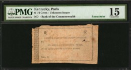 Kentucky

Paris, Kentucky. Bank of the Commonwealth. ND 6 1/4 Cents. PMG Choice Fine 15. Remainder.

A very rare early 19th century Kentucky scrip...