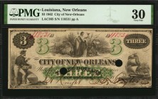 Louisiana

New Orleans, Louisiana. City of New Orleans. 1862 $3. PMG Very Fine 30.

Two large POCs. Imprint of the American Bank Note Co. Central ...