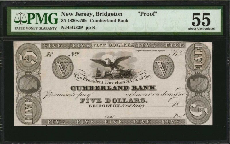 New Jersey

Bridgeton, New Jersey. Cumberland Bank. 1830s-50s $5. PMG About Un...