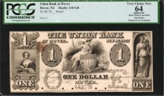 New Jersey

Dover, New Jersey. Union Bank of Dover. 18xx Proof. $1. PCGS Currency Very Choice New 64 Apparent. Hole Punch Cancelled, Ink Stains, Mou...