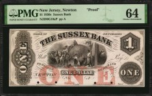 New Jersey

Newton, New Jersey. Sussex Bank. 1850s. $1. PMG Choice Uncirculated 64. Proof.

(NJ-390 G10a). Imprint of Baldwin, Bald & Cousland, Ne...