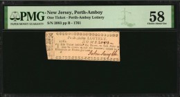 New Jersey

Perth-Amboy, New Jersey. Perth-Amboy Lottery. 1761. One Ticket. PMG Choice About Uncirculated 58.

No.2083. Signed by John Smyth. An e...