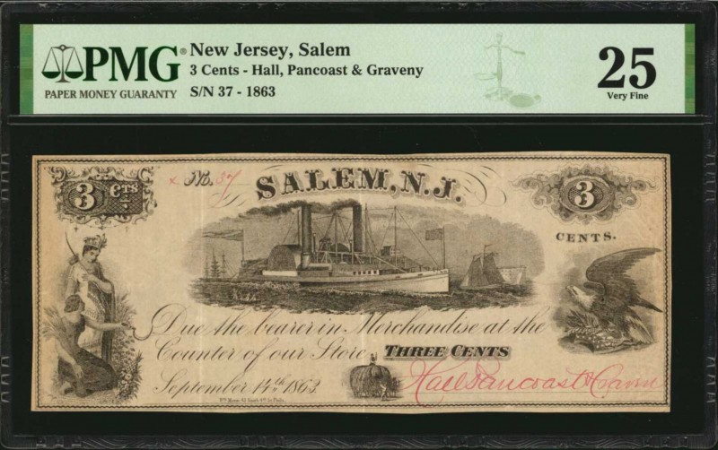 New Jersey

Salem, New Jersey. Hall, Pancoast & Graveny. 1863. 3 Cents. PMG Ve...