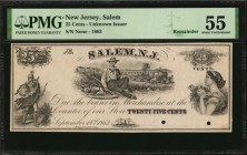New Jersey

Salem, New Jersey. Unknown Issuer. 1863. 25 Cents. PMG About Uncirculated 55. Remainder.

Imprint of Wm. Mann 43 South 4th St. Phila. ...