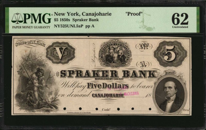 New York

Canajoharie, New York. Spraker Bank. 1850s. $5. PMG Uncirculated 62....