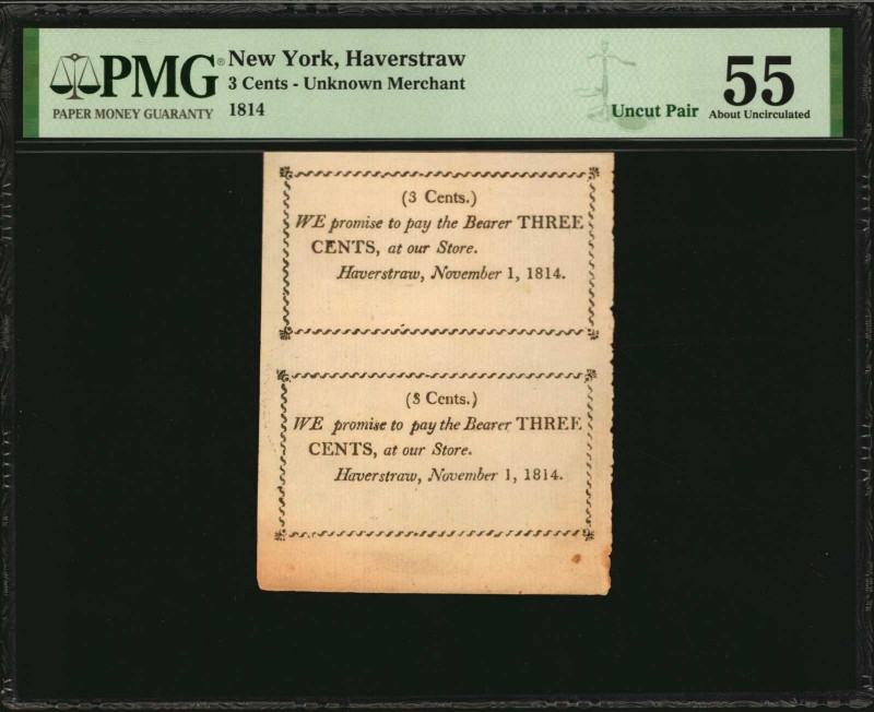 New York

Uncut Pair Haverstraw, New York. Unknown Merchant. 1814. 3 Cents. PM...