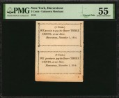 New York

Uncut Pair Haverstraw, New York. Unknown Merchant. 1814. 3 Cents. PMG About Uncirculated 55.

A boldly printed pair of 3 Cent store note...