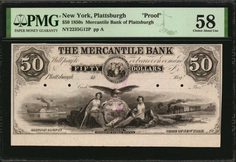 New York

Plattsburgh, New York. Mercantile Bank of Plattsburgh. 1850s. $50. P...