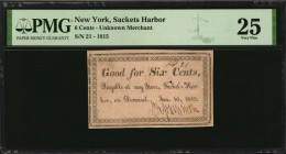 New York

Sackets Harbor, New York. Unknown Merchant. 1815. 6 Cents. PMG Very Fine 25.

Small format 6 Cents note of an unknown issuer payable at ...
