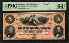 Pennsylvania

Lewisburg, Pennsylvania. Lewisburg Bank. 1850s-60s. $5. PMG Choice Uncirculated 64 EPQ. Proof.

(PA-240 G4b). Bald, Cousland & Co., ...