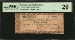 Pennsylvania

Philadelphia, Pennsylvania. Unknown Merchant-Grocery Store. 1815. 3 Cents. PMG Very Fine 20.

No.387. Signed by Wm. Runckey(?) at bo...