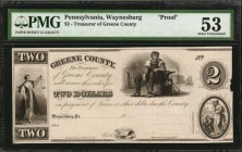 Pennsylvania

Waynesburg, Pennsylvania. Treasurer of Greene County. 18xx $2. PMG About Uncirculated 53. Proof.

(Hoober Unlisted) 18__ Proof. Prin...