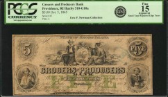 Rhode Island

Providence, Rhode Island. Grocers and Producers Bank. October 3, 1865 $5. PCGS Currency Fine 15 Apparent. Small Tape Repaired Edge Tea...