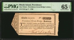 Rhode Island

Providence, Rhode Island. Providence Great-Bridge Lottery. 1790. One Ticket. PMG Gem Uncirculated 65 EPQ.

No.5154. Signed by Dexter...