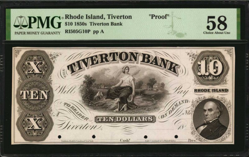 Rhode Island

Tiverton, Rhode Island. Tiverton Bank. 1850s. $10. PMG Choice Ab...