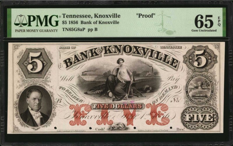 Tennessee

Knoxville, Tennessee. Bank of Knoxville. 1856. $5. PMG Gem Uncircul...