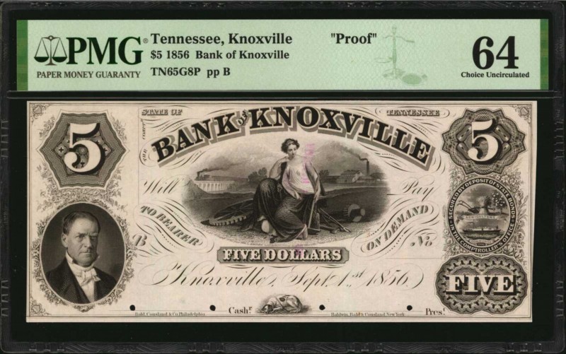 Tennessee

Knoxville, Tennessee. Bank of Knoxville. 1856. $5. PMG Choice Uncir...