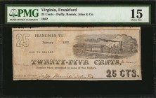 Virginia

Frankford, Virginia. Duffy, Renick, John & Co. 1862 25 Cents. PMG Choice Fine 15.

Jones-Littlefield PF40-15. Vignette of a chugging loc...