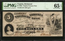 Virginia

Richmond, Virginia. Virginia Treasury Note. 1860's $5. PMG Gem Uncirculated 65 EPQ.

Criswell 5. A widely margined and perfectly centere...