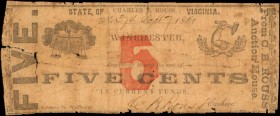 Virginia

Winchester, Virginia. State of Virginia. 1861 5 Cents. Very Good.

Large red "5" at center. Muscular arm with hammer at right. Scales of...