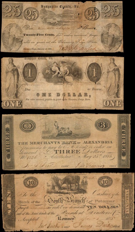 Virginia

Lot of (4) Virginia Obsolete Notes. Mixed Denominations. Mixed Dates...