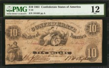 Confederate Currency

T-10. Confederate Currency. 1861 $10. PMG Fine 12.

No. 101403. Plate A. The signatures & serial numbers remain dark for the...