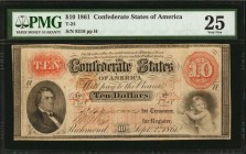 Confederate Currency

T-24. Confederate Currency. 1861 $10. PMG Very Fine 25.

No. 8318, Plate H. PMG comments "Stain."

Estimate: $ 100 - 150