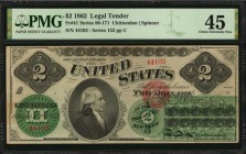 Legal Tender Notes

Fr. 41. 1862 $2 Legal Tender Note. PMG Choice Extremely Fine 45.

Series 152. A mid-grade example of this Civil War era $2 Leg...