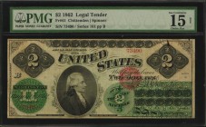 Legal Tender Notes

Fr. 41. 1862 $2 Legal Tender Note. PMG Choice Fine 15 Net. Tape Repair.

Dark green ink remains appealing on this Choice Fine ...