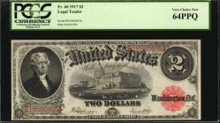 Legal Tender Notes

Fr. 60. 1917 $2 Legal Tender Note. PCGS Currency Very Choice New 64 PPQ.

A nearly-Gem example of this Legal Tender deuce, whi...