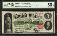 Legal Tender Notes

Fr. 63a. 1863 $5 Legal Tender Note. PMG About Uncirculated 55 Net. Corner Repairs.

New Series 72. Particularly bright paper a...
