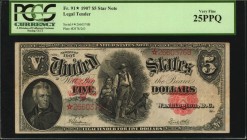 Legal Tender Notes

Fr. 91*. 1907 $5 Legal Tender Star Note. PCGS Currency Very Fine 25 PPQ.

This replacement Woodchopper displays dark red overp...