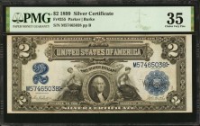 Silver Certificates

Fr. 255. 1899 $2 Silver Certificate. PMG Choice Very Fine 35.

The dark blue overprints remain attractive on this mid grade $...