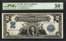 Silver Certificates

Fr. 258. 1899 $2 Silver Certificate. PMG About Uncirculated 50 EPQ.

An attractive example of this mini porthole Washington S...