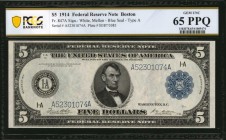 Federal Reserve Notes

Fr. 847A. 1914 $5 Federal Reserve Note. Boston. PCGS Banknote Gem Uncirculated 65 PPQ.

Type A variety. Attractive embossin...