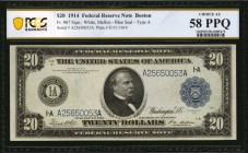 Federal Reserve Notes

Fr. 967. 1914 $20 Federal Reserve Note. Boston. PCGS Banknote Choice About Uncirculated 58 PPQ.

Type A variety. Grover Cle...