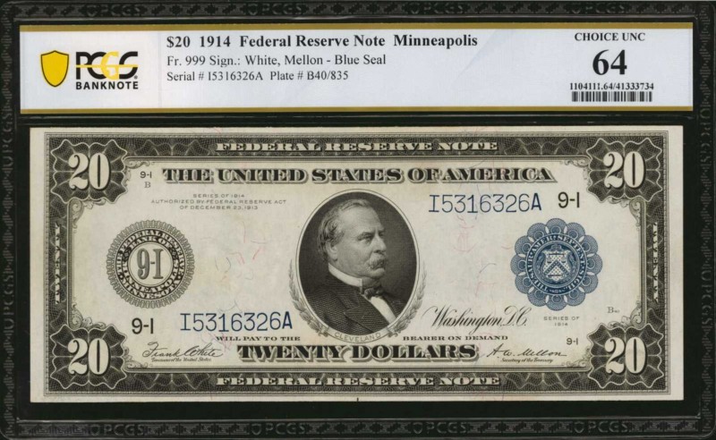 Federal Reserve Notes

Fr. 999. 1914 $20 Federal Reserve Note. Minneapolis. PC...