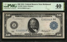 Federal Reserve Notes

Fr. 1042. 1914 $50 Federal Reserve Note. Richmond. PMG Extremely Fine 40.

A bright mid grade offering of this Richmond Fif...