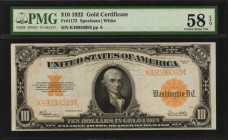 Gold Certificates

Fr. 1173. 1922 $10 Gold Certificate. PMG Choice About Uncirculated 58 EPQ.

Attractive gold overprints are found on this 1922 G...