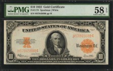 Gold Certificates

Fr. 1173. 1922 $10 Gold Certificate. PMG Choice About Uncirculated 58 EPQ.

An always popular example of this large size Gold C...