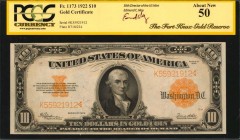 Gold Certificates

Fr. 1173. 1922 $10 Gold Certificate. PCGS Currency About New 50.

This $10 Gold Certificate is graded in a special PCGS Currenc...