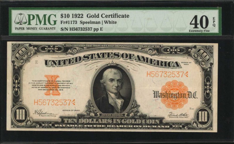 Gold Certificates

Fr. 1173. 1922 $10 Gold Certificate. PMG Extremely Fine 40 ...