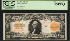 Gold Certificates

Fr. 1187. 1922 $20 Gold Certificate. PCGS Currency Choice About New 55 PPQ.

Honey gold overprints add to the appeal of this 19...