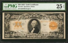 Gold Certificates

Fr. 1187. 1922 $20 Gold Certificate. PMG Very Fine 25 EPQ.

A popular Gold Certificate, which offers dark gold overprints on th...