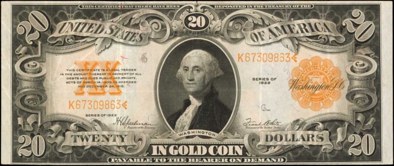 Gold Certificates

Fr. 1187. 1922 $20 Gold Certificate. Very Fine.

A tape r...