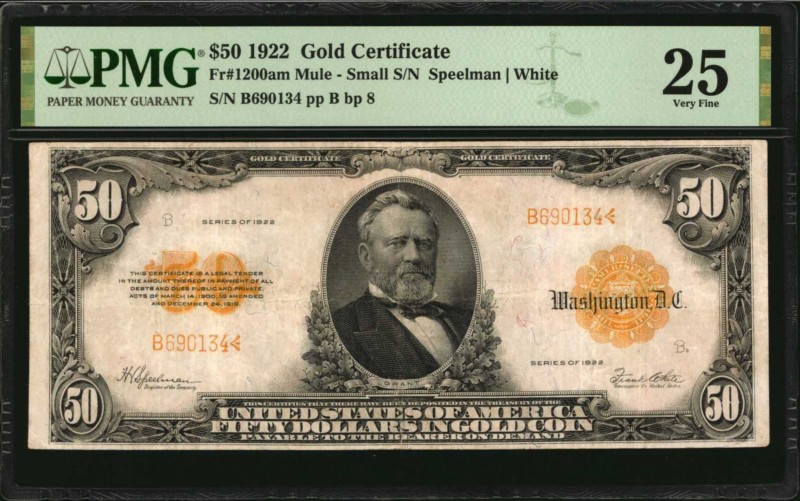 Gold Certificates

Fr. 1200am. 1922 $50 Gold Certificate Mule Note. PMG Very F...