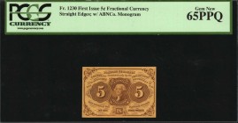 First Issue

Fr. 1230. 5 Cent. First Issue. PCGS Currency Gem New 65 PPQ.

Straight edges. With ABNC monogram.

Estimate: $ 150 - 250