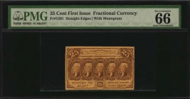 First Issue

Fr. 1281. 25 Cent. First Issue. PMG Gem Uncirculated 66 EPQ.

Straight edges. With monogram. A high end Gem example of this First Iss...
